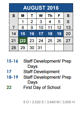 District School Academic Calendar for Dahlstrom Middle School for August 2016