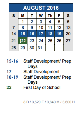 District School Academic Calendar for Lehman High School for August 2016