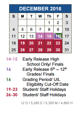 District School Academic Calendar for Negley Elementary School for December 2016