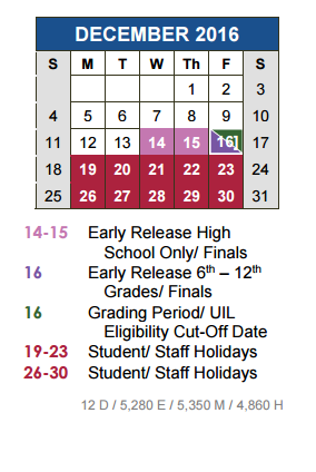 District School Academic Calendar for Blanco Vista Elementary for December 2016