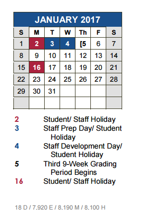 District School Academic Calendar for Buda Elementary School for January 2017