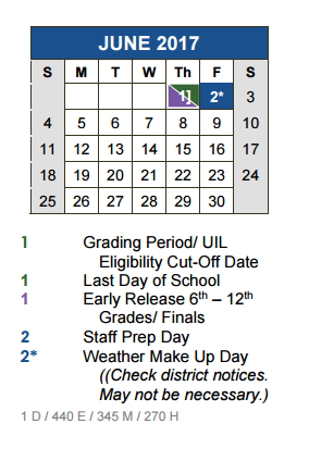 District School Academic Calendar for Jack C Hays High School for June 2017