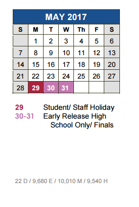 District School Academic Calendar for Academy At Hays for May 2017