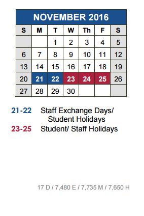 District School Academic Calendar for Negley Elementary School for November 2016