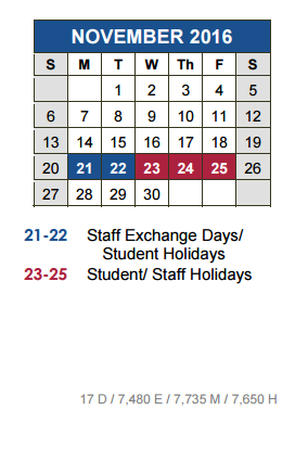 District School Academic Calendar for Kyle Elementary School for November 2016