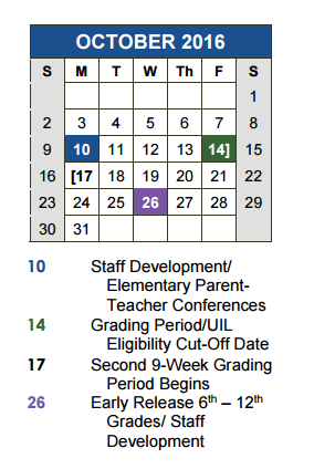 District School Academic Calendar for Academy At Hays for October 2016