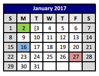 District School Academic Calendar for P A S S Learning Ctr for January 2017