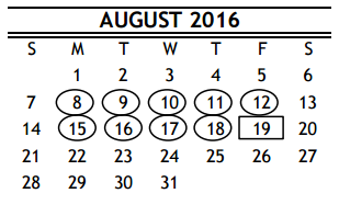 District School Academic Calendar for R D S P D for August 2016