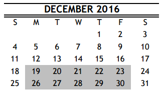 District School Academic Calendar for R D S P D for December 2016