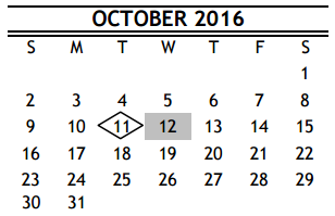 District School Academic Calendar for Washington B T H S for October 2016