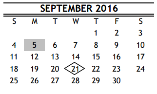 District School Academic Calendar for Project Chrysalis Middle for September 2016
