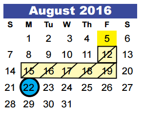 District School Academic Calendar for Shadow Forest Elementary for August 2016