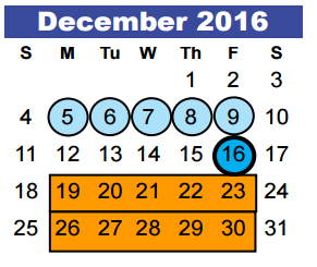 District School Academic Calendar for Early Learning Wing for December 2016