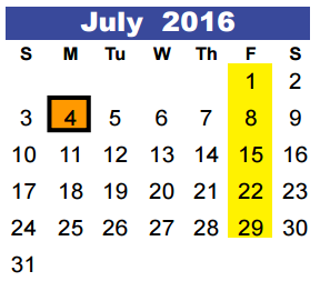 District School Academic Calendar for Timberwood Middle for July 2016