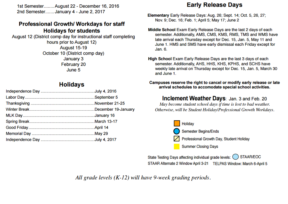 District School Academic Calendar Key for Maplebrook Elementary