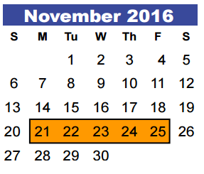 District School Academic Calendar for Jack M Fields Sr Elementary for November 2016