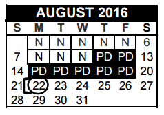 District School Academic Calendar for Shady Oaks Elementary for August 2016