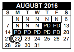 District School Academic Calendar for Alter Ed Prog for August 2016