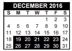 District School Academic Calendar for Shady Oaks Elementary for December 2016