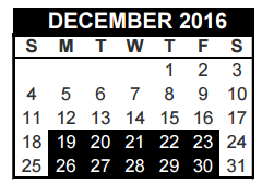 District School Academic Calendar for Transition Program for December 2016