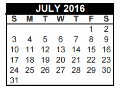 District School Academic Calendar for Harwood J H for July 2016