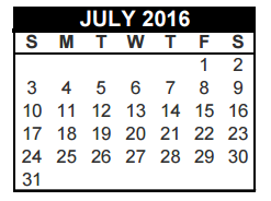 District School Academic Calendar for Shady Brook Elementary for July 2016