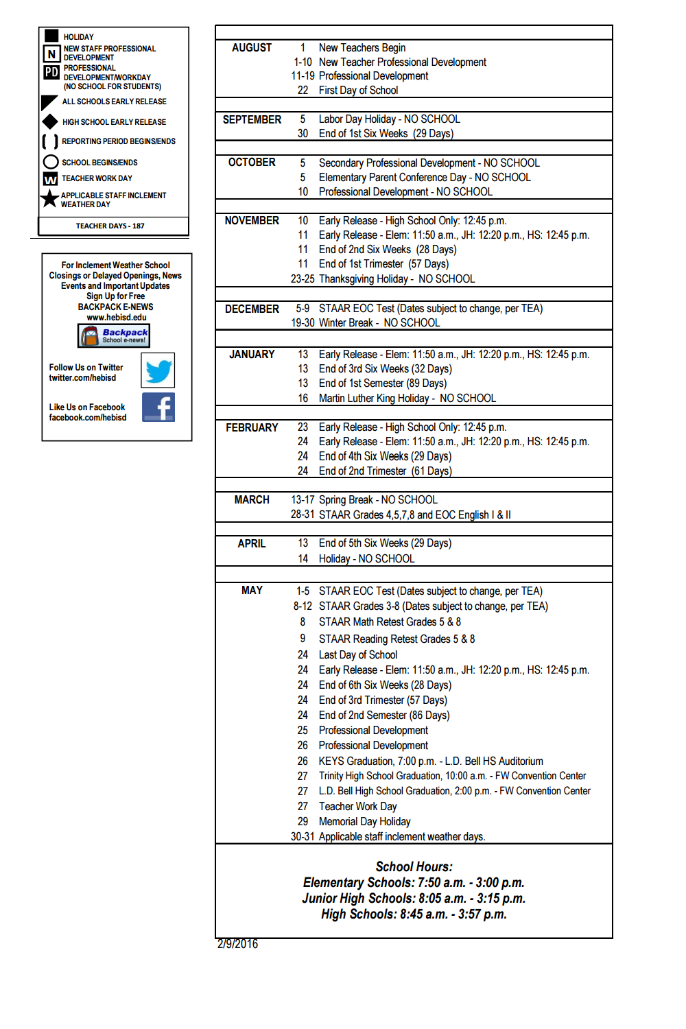 District School Academic Calendar Key for Transition Program