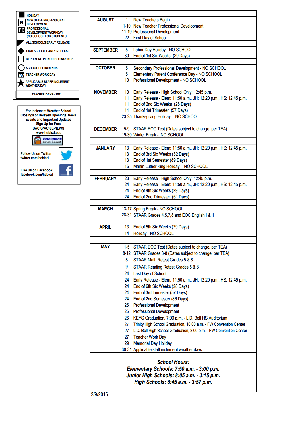 District School Academic Calendar Key for Central J H