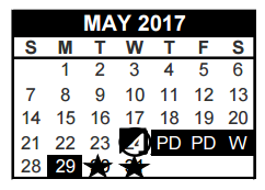 District School Academic Calendar for Transition Program for May 2017