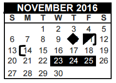 District School Academic Calendar for Harwood J H for November 2016