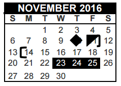 District School Academic Calendar for Transition Program for November 2016