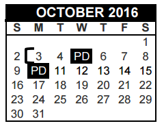 District School Academic Calendar for Alter Ed Prog for October 2016