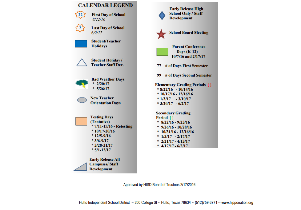 District School Academic Calendar Key for Williamson County Academy