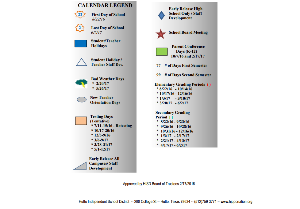 District School Academic Calendar Key for Hutto High School