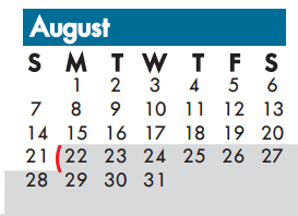 District School Academic Calendar for Schulze Elementary for August 2016
