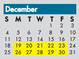 District School Academic Calendar for Haley J Elementary for December 2016