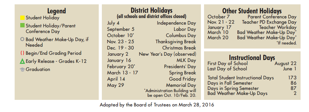 District School Academic Calendar Key for The Academy Of Irving Isd