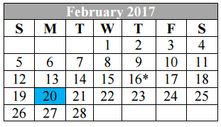 District School Academic Calendar for Bexar Co J J A E P for February 2017