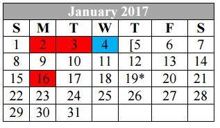 District School Academic Calendar for Judson Learning Acad for January 2017