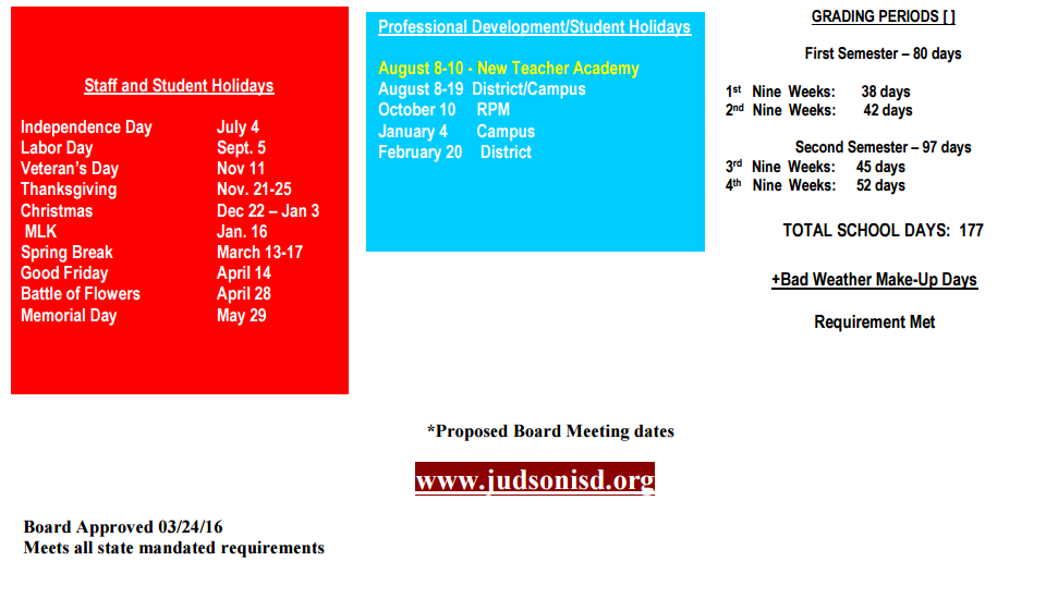 District School Academic Calendar Key for Bexar Co J J A E P