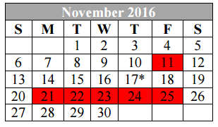 District School Academic Calendar for Woodlake Hills Middle for November 2016