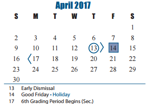 District School Academic Calendar for Arthur Miller Career Center for April 2017