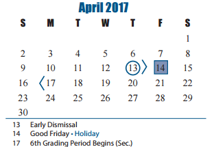 District School Academic Calendar for Joella Exley Elementary for April 2017