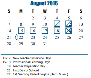 District School Academic Calendar for West Memorial Junior High for August 2016
