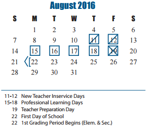 District School Academic Calendar for Franz Elementary for August 2016