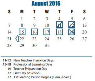 District School Academic Calendar for Zelma Hutsell Elementary for August 2016