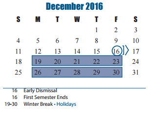 District School Academic Calendar for School For Accelerated Lrn for December 2016