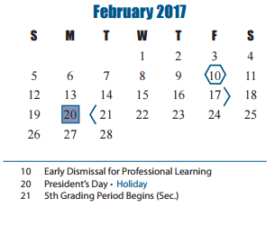 District School Academic Calendar for Maurice L Wolfe Elementary for February 2017