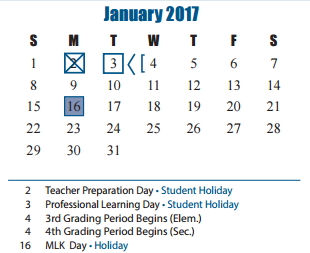 District School Academic Calendar for Project Tyke for January 2017
