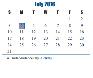 District School Academic Calendar for Roosevelt Alexander Elementary for July 2016